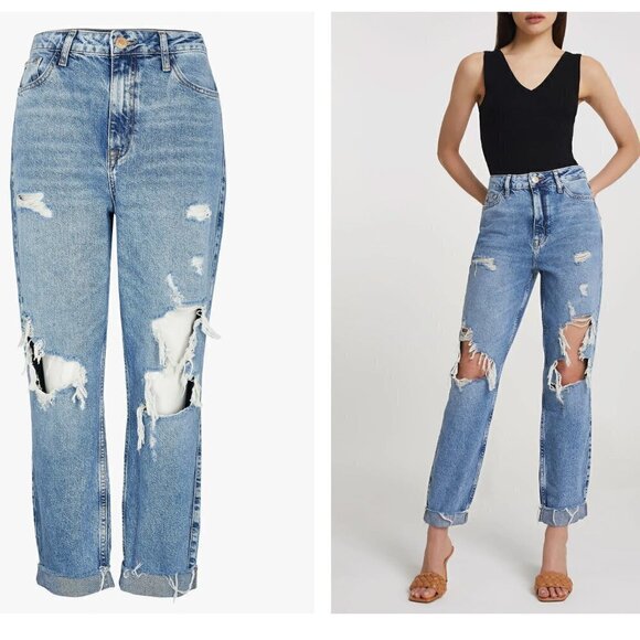 River Island Carrie Ripped High Waist Mom Jeans Medium Blue - Picture 4 of 4